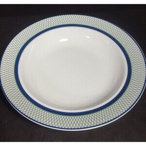 Dansk International Marquesa rimmed Soup Bowl Blue green white cross hatch